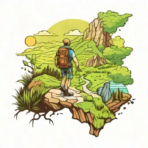 A Colorful Tattoo Of A Hiker On A Mountain Trail Overlooking A Green Valley