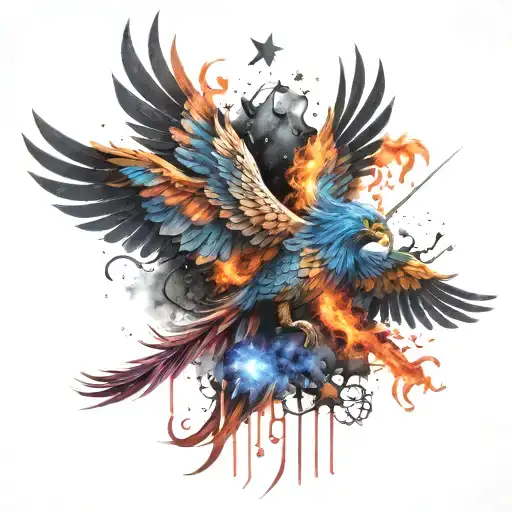 Multicolor Phoenix Rising Into The Galaxy Of Stars On Fire
