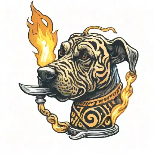 Brindle Dog With Pointed Ears Peaking Through The Flame Of A Tiki Torch