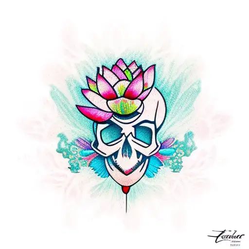Lotus Flower With Skull With Teal And Red