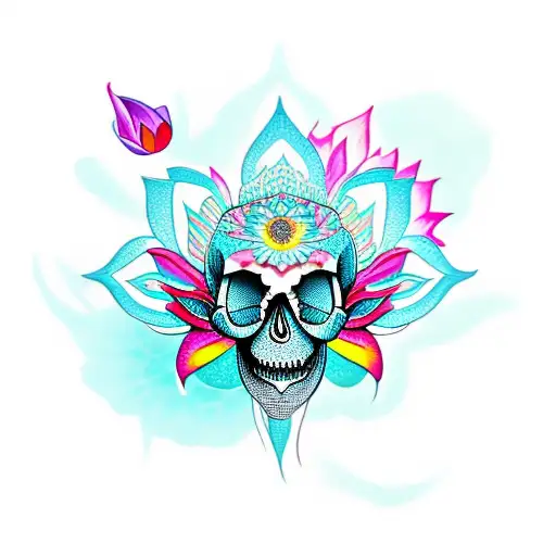 Lotus Flower With Skull With Teal And Red