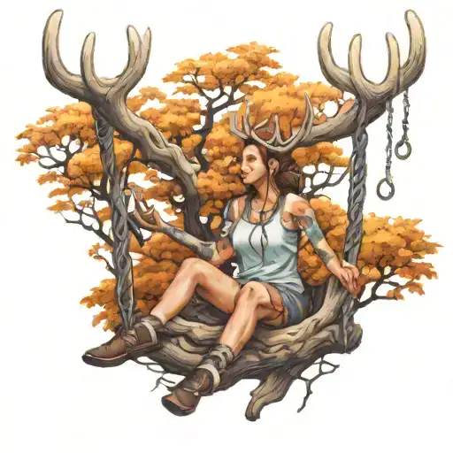 Deer Antler With Girl On A Swing In Between The Antlers Like Tree Branches