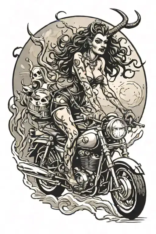 Devil Woman On A Motorcycle Against The Backdrop Of The Full Moon And Hourglass