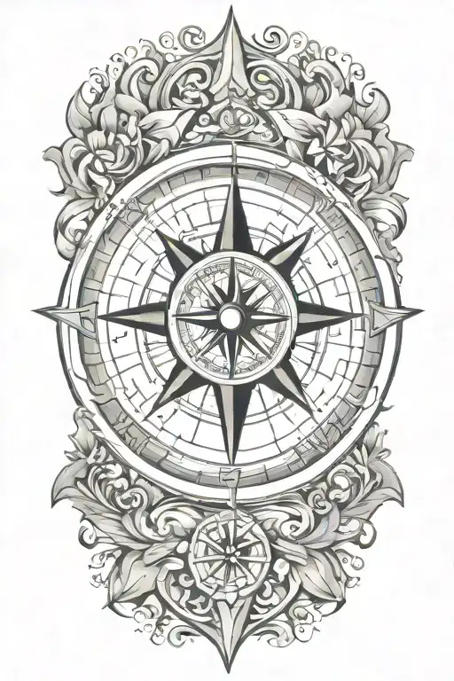 A Traditional Style Tattoo Of A Compass Rose Text 'Preeya'