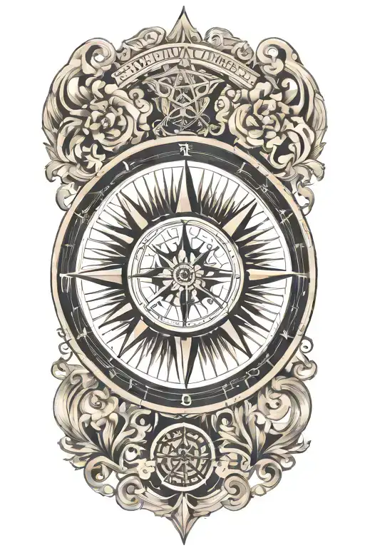 A Traditional Style Tattoo Of A Compass Rose Text 'Preeya'