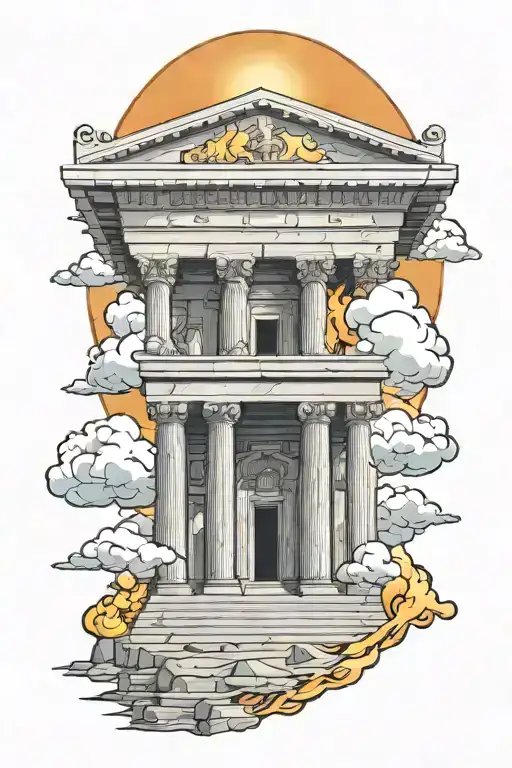 Greek Temple On Fire With Clouds And Sun