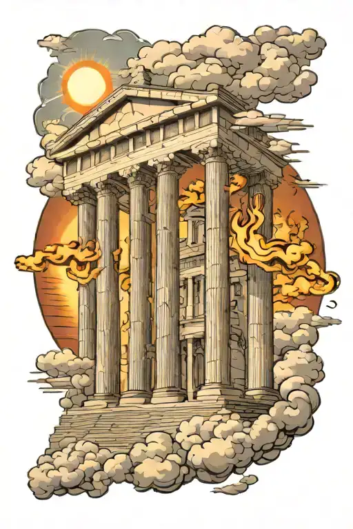 Greek Temple On Fire With Clouds And Sun