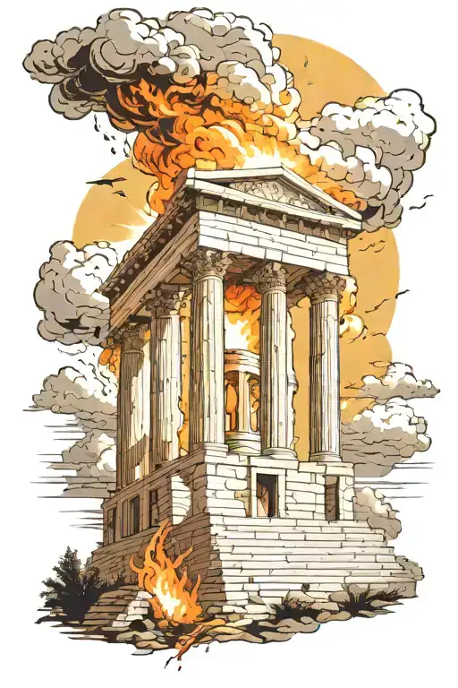 Greek Temple On Fire With Clouds Around And Sun Above