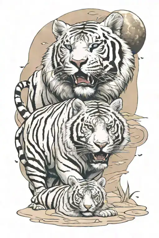 Glowing Moon With White Tiger In Sand