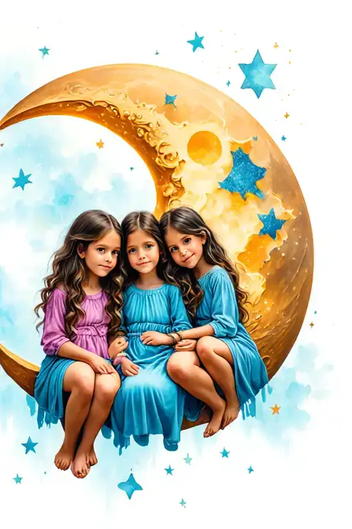 3 Granddaughters Sitting Together On A Crescent Moon