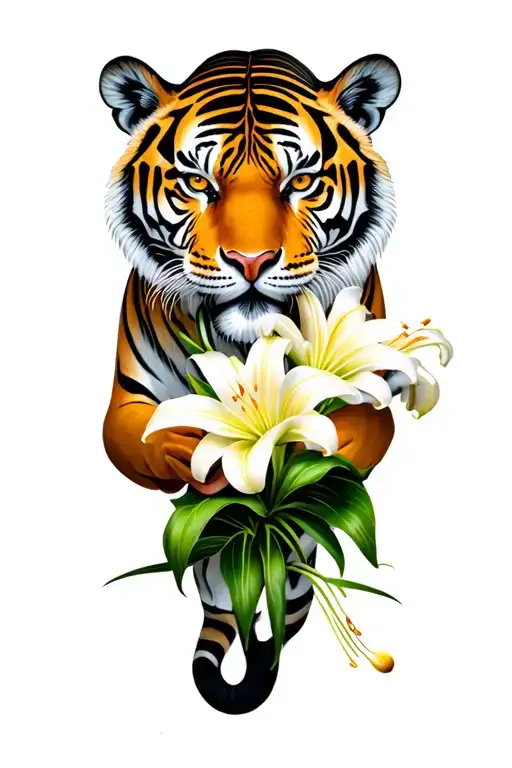 Tiger Holding A Katata With Lillies And Norigae