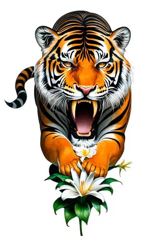 Tiger Crawling Up Holding A Katata With It's Mouth Surrounded By Lillies And Norigae