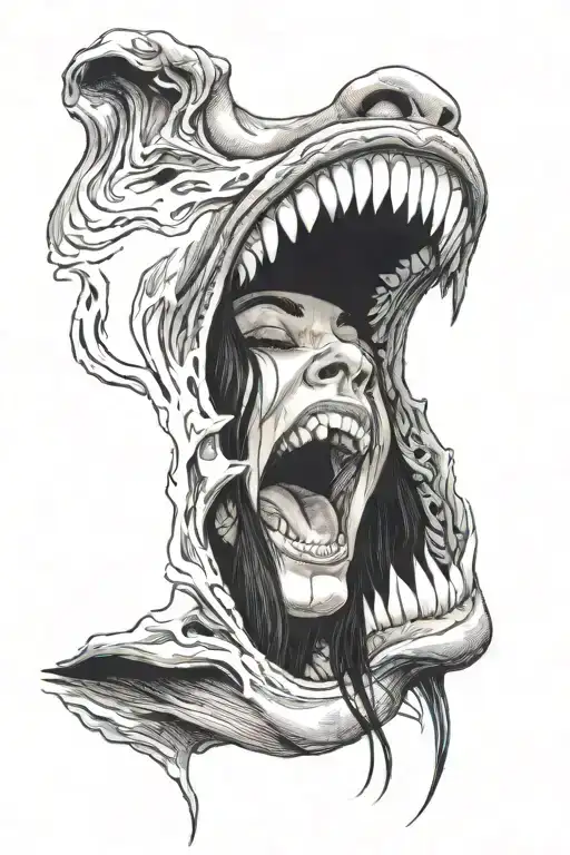 Woman's Head With Long Black Hair And A Wide Open Mouth With Sharp Teeth