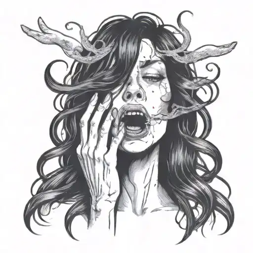 Woman's Head With Long Black Hair With Her Mouth Open And Two Thin Hands Coming Out Of It