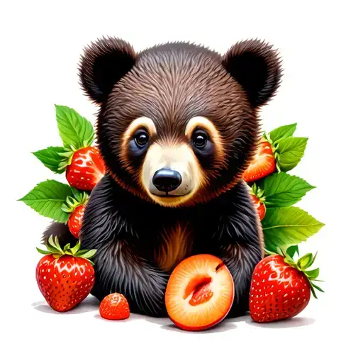 Baby Bear Surrounded By Strawberries And Peaches