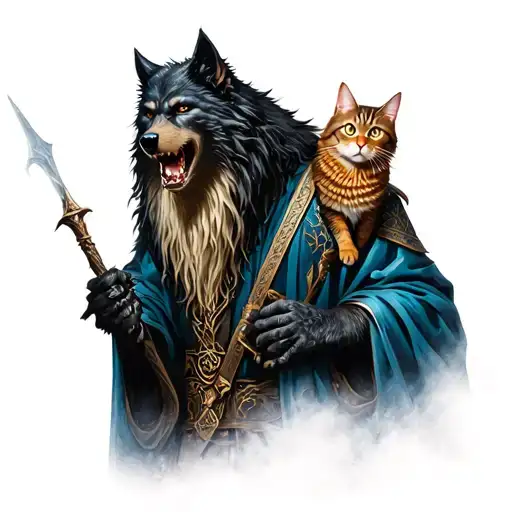 Werewolf Wizard With Cat On Its Shoulder Destroying The Land