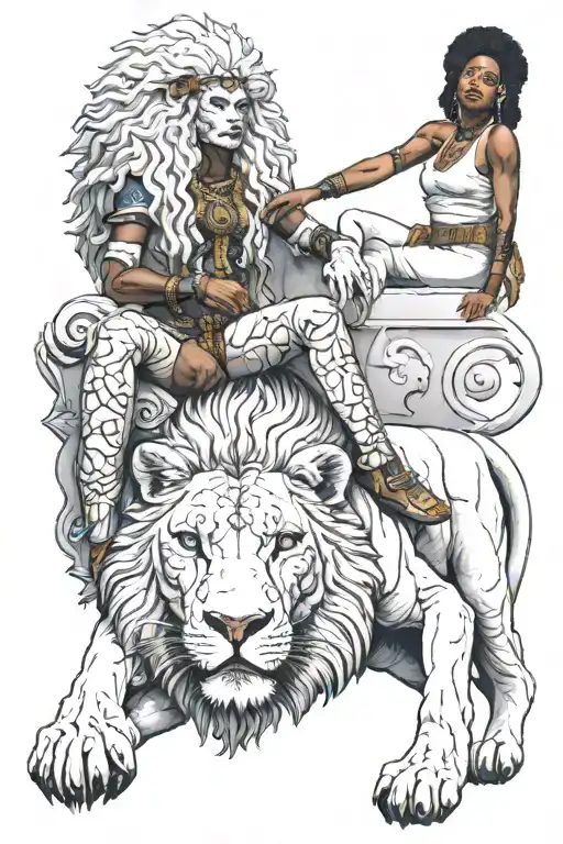 A Black Warrior Woman Sitting On Top Of A White Lion