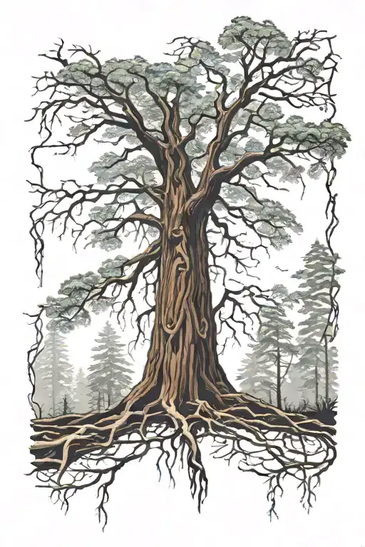 Redwood Forest Looking Up From Ground With Roots