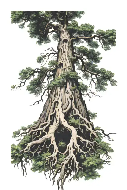 Redwood Forest Looking Up From Ground With Roots