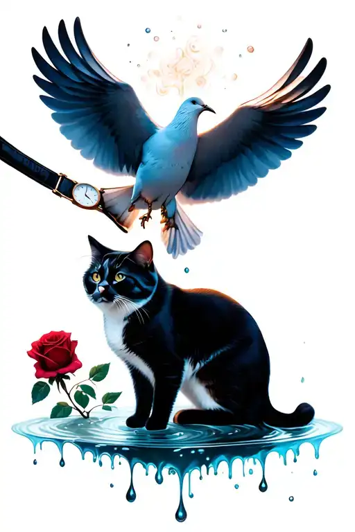 A Dove Grabs A Cat A Rose A Watch With Dripping Water