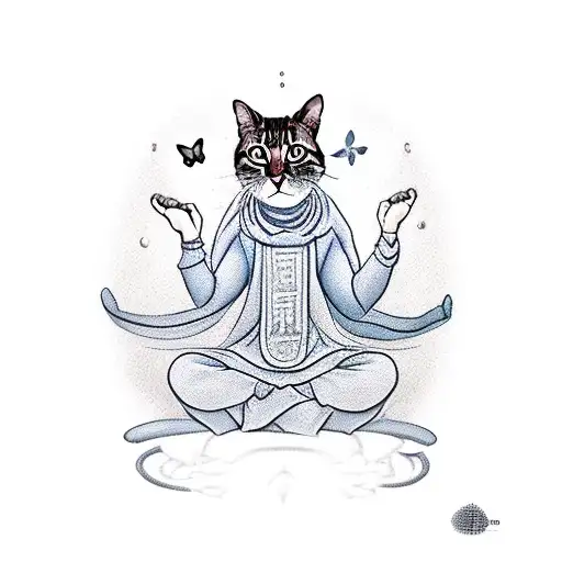 A Cat In Monk Attire Meditating But Getting Distracted By A Flying Butterfly