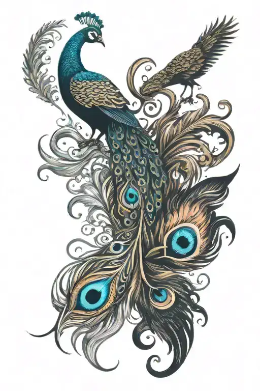 Phoenix Feather And Peacock Feather Side By Side Ying And Yang