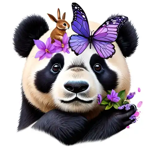 Panda Bear With A Bunny On His Hand And A Purple Butterfly On His Nose