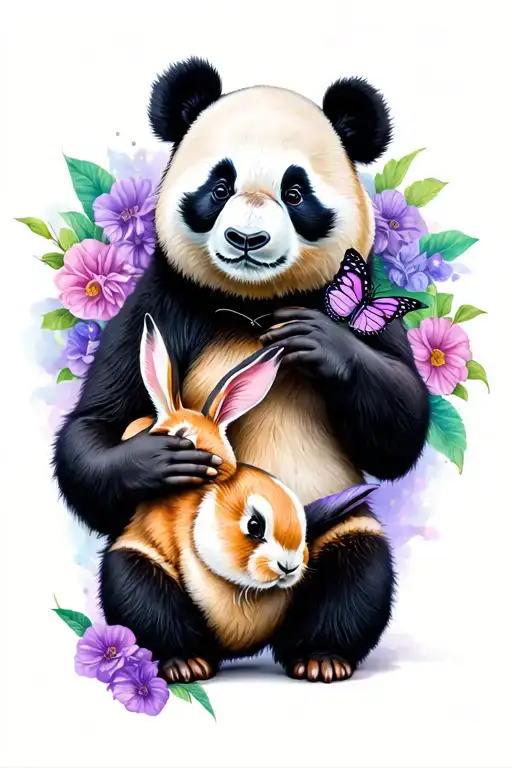 Panda Bear With A Bunny On His Hand And A Purple Butterfly On His Nose