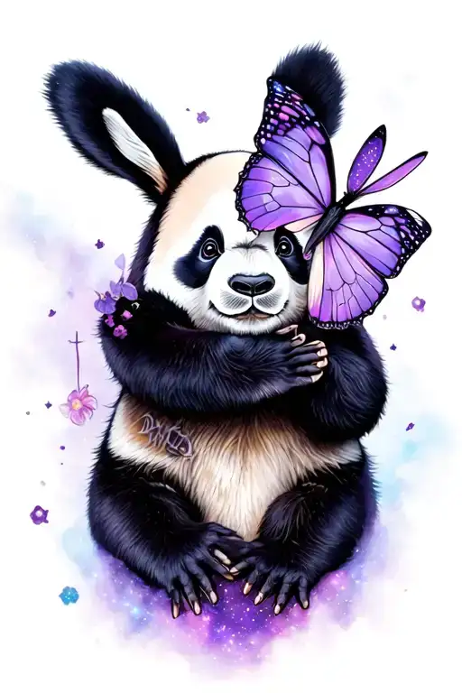 Panda Bear With A Bunny On His Hand And A Purple Butterfly On His Nose And Galaxy Background
