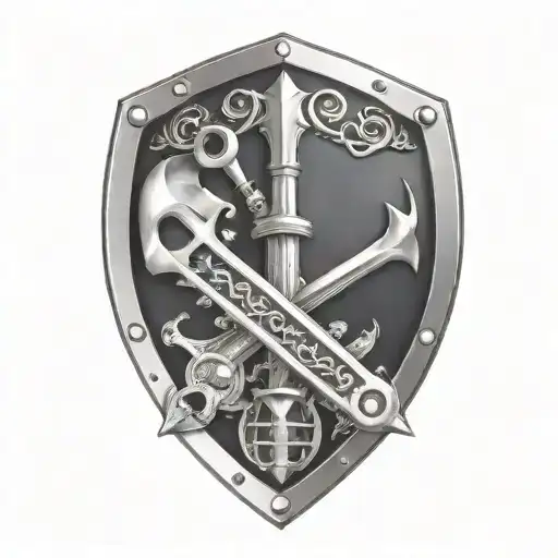 Knights Shield Adorned With Crescent Wrenches Crossed