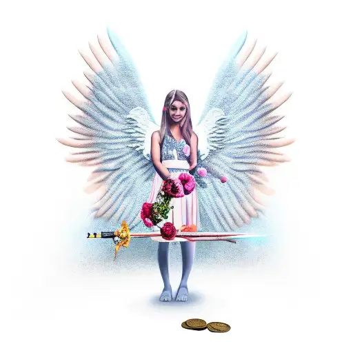 Angel Con Armas Y Bolsa De Dinero Y Muchas Rosas