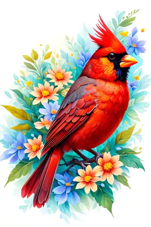 Majestic Looking Cardinal With Wild Flowers Intertwined