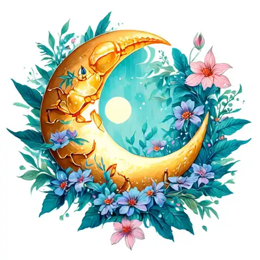 Crescent Moon With Small Crab And Flowers