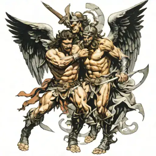 Frank Frazetta Styled Warrior Angel Fighting A Demon