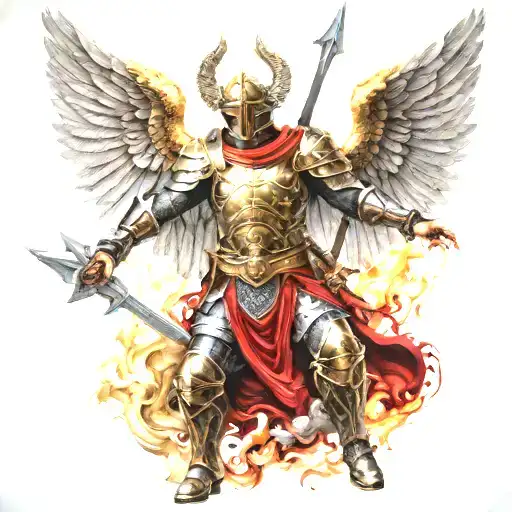 Warrior Angel In Full Armour Of God Fighting A Demon