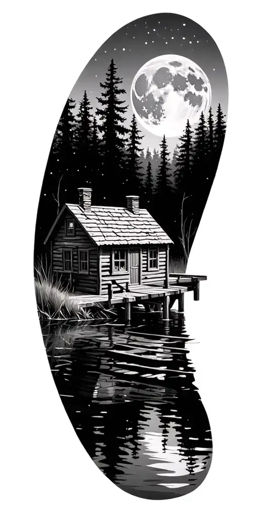 Small Dock Next To A Cabin On A Forest Pond Under The Moon