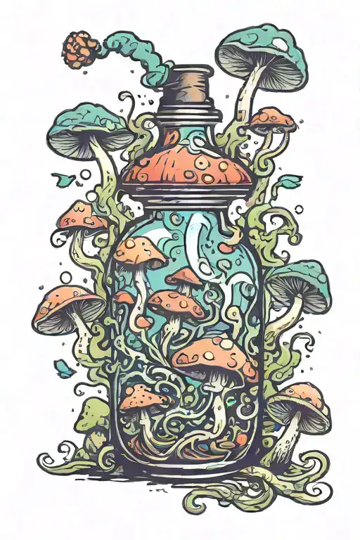 Liquid-filled Potion Bottle With Fumes Coming Out And Psychedelic Mushrooms All Around It