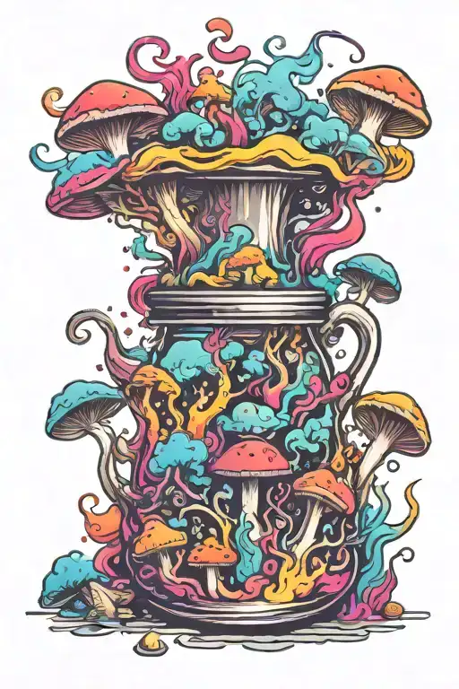 Liquid-filled Potion Bottle With Colorful Smoke Coming Out And Psychedelic Mushrooms All Around It