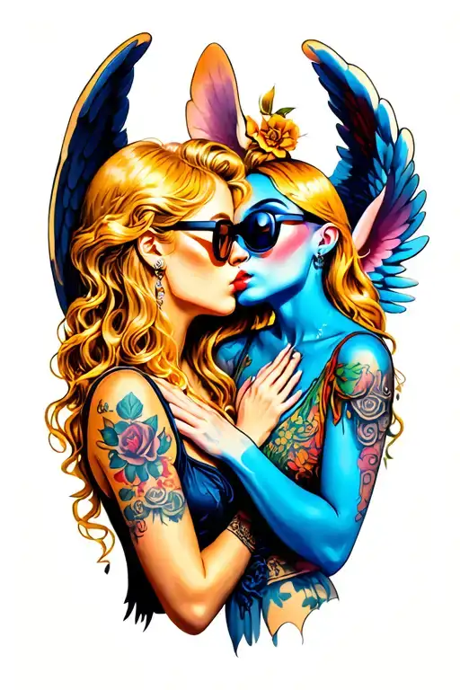 Angel With Blonde Hair And Stitch With Glasses Kissing