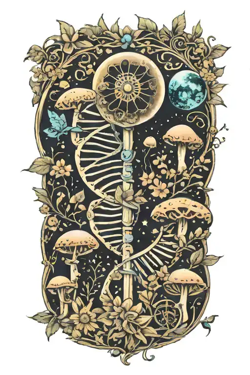 Dna Strands Made Out Of Sun And Moon With Mushrooms And Flowers