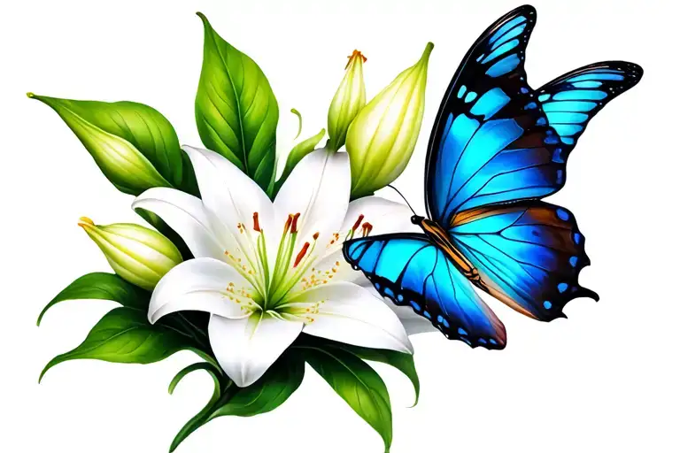 Lily Flower And A Blue Butterfly Flying