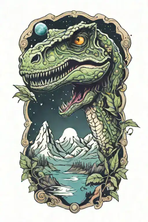 Eye Ufo Abducting Cartoon Style T Rex With Mountains And Outer Space