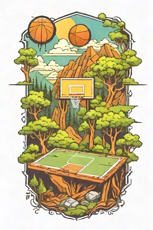 A Basketball Court With Nature Elements Like Trees And Mountains Integrated Into The Design
