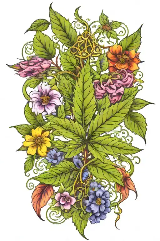 A Marijuana Leaf Intertwined With Vines And Flowers Representing Biology