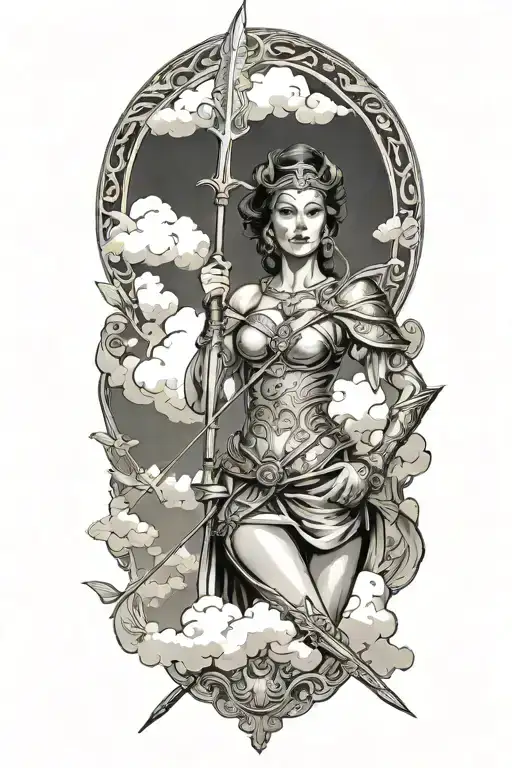 Baroque Style Woman Warrior With A Spear In Clouds