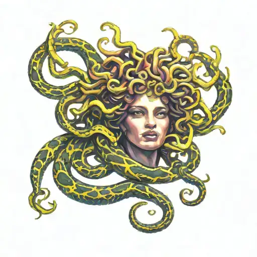 Medusa Mostly Black But Snakes Lightly Florescent Bright Color Lines