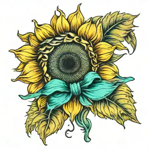 Single Sunflower With Teal Ovarian Cancer Ribbon Around It