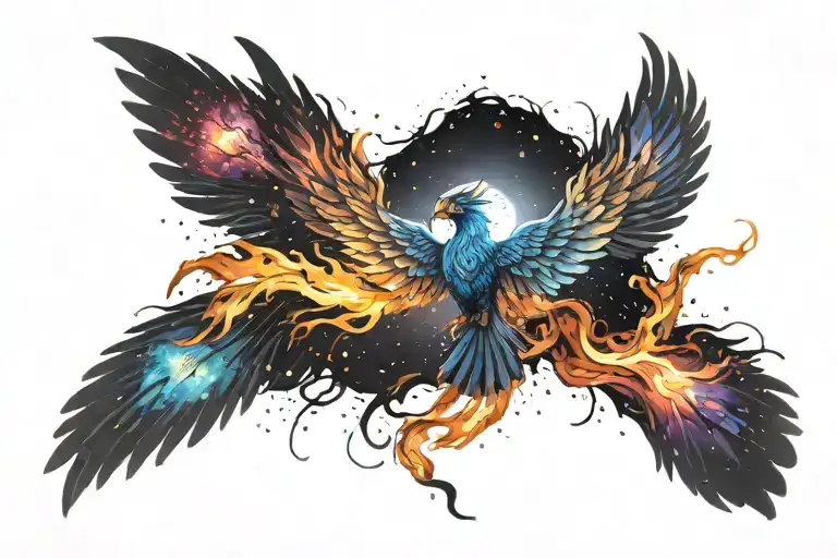 Multicolor Phoenix On Fire Rising Into Space Galaxy Milky Way Background