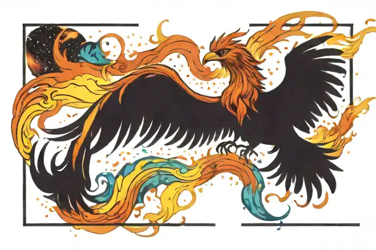Multicolor Phoenix On Fire Rising Into Space Galaxy Milky Way Background