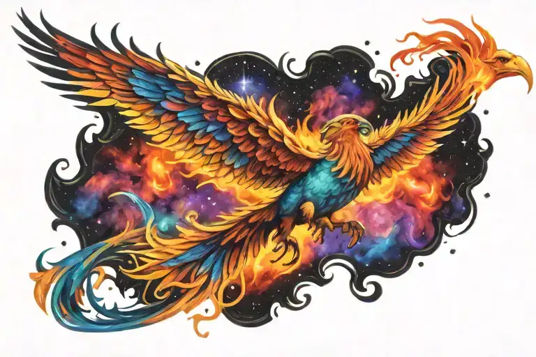 Multicolor Phoenix On Fire Rising Into Space Galaxy Milky Way Background